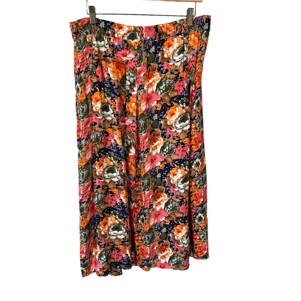 Vintage 90s Multicolor Floral Pull On Flowy Knee Length Skirt Large - Picture 2 of 6